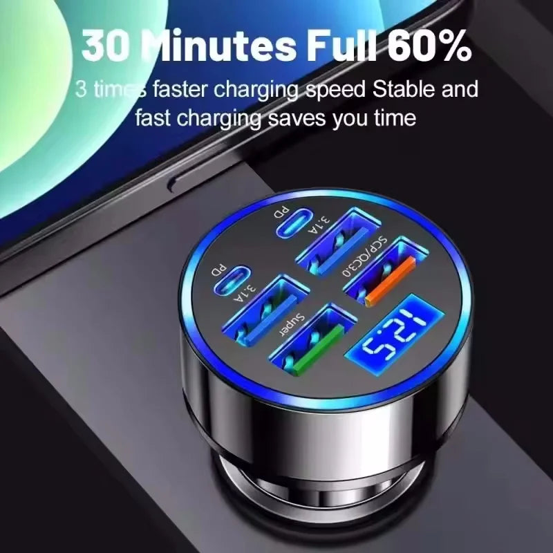 6-in-1 Fast Charging Car Adapter 3.1A Dual Type-C Digital Display Smartphones T