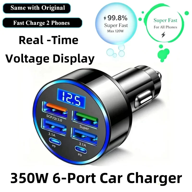 6-in-1 Fast Charging Car Adapter 3.1A Dual Type-C Digital Display Smartphones T