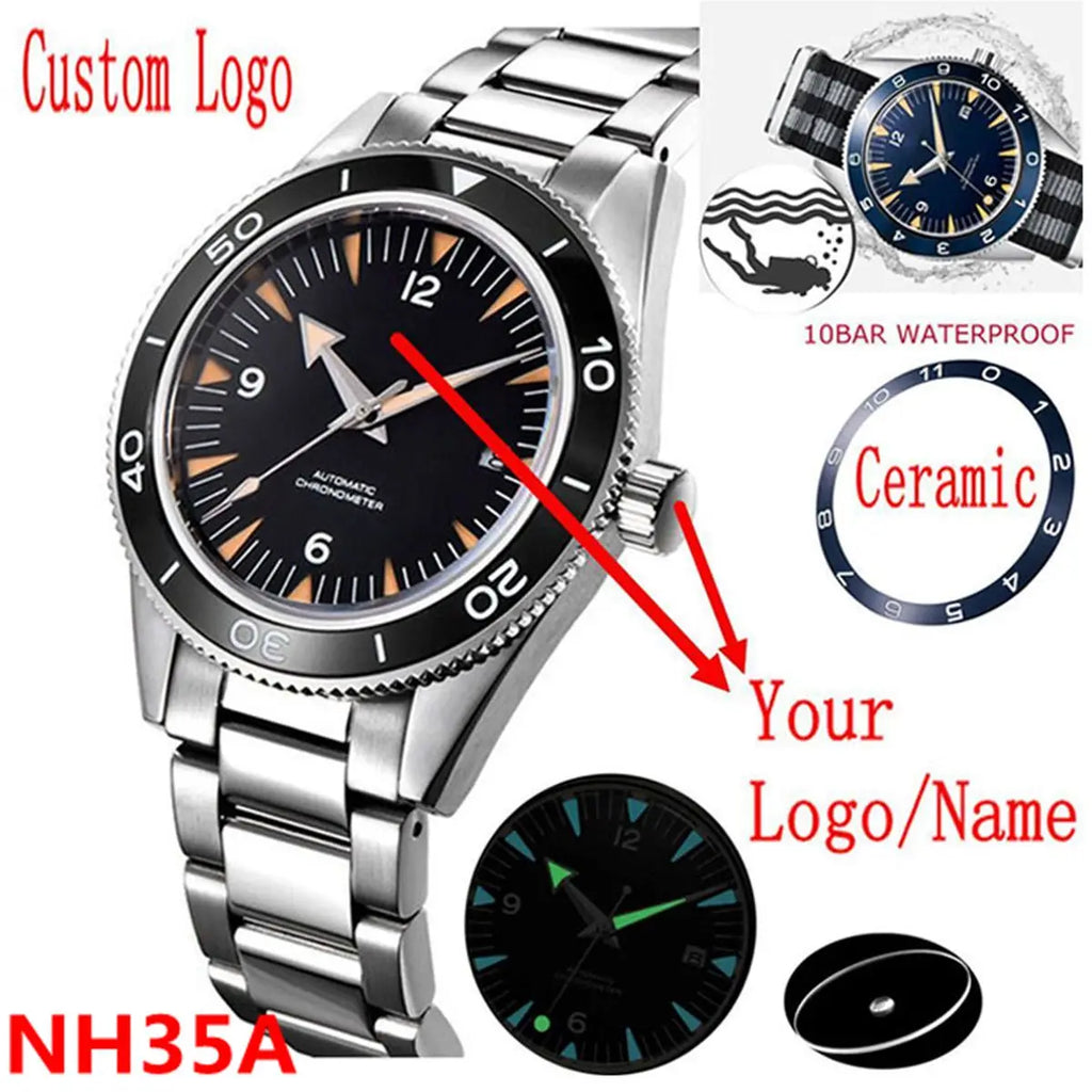 Custom Logo NH35 Movement Watch 10bars Mens 41mm Sapphire Ceramic Bezel Male Mechanical Clock Diver Sports Automatic Wristwatch